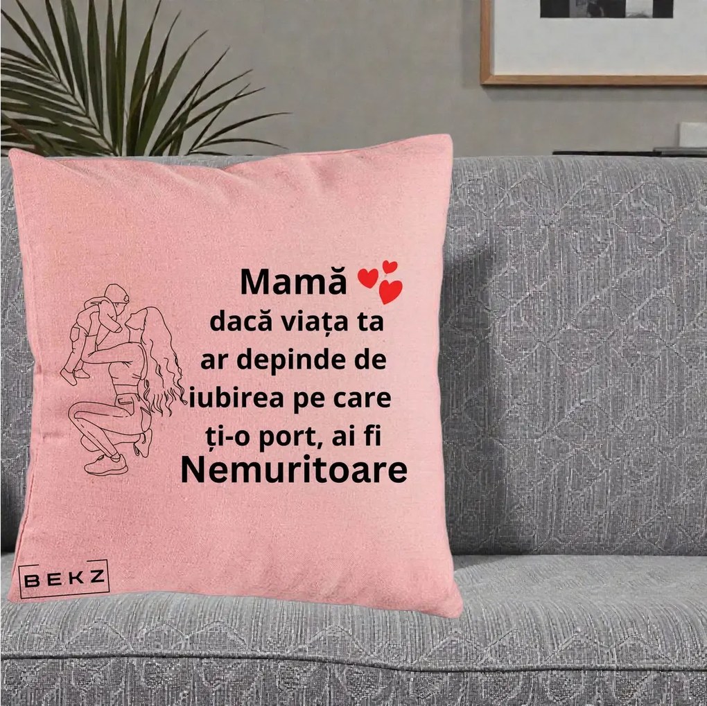 Cadou pentru Mama - Perna Personalizata Mama Nemuritoare Portret Graphic, 40x40 cm, Roz, Husa Detasabila, Perna Inclusa, BEKZ®