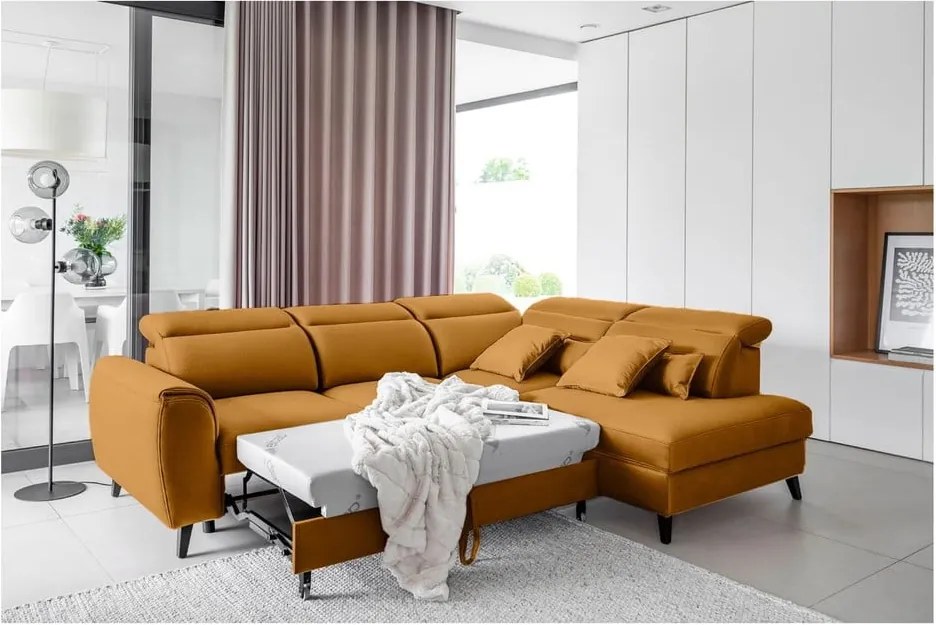 Colțar galben extensibil/cu spațiu de depozitare cu tapițerie din catifea (cu colț pe partea dreaptă/în formă de ”L”) Noble – ELTAP