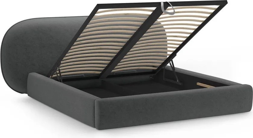 Pat matrimonial gri închis tapițat cu spațiu de depozitare cu somieră 180x200 cm Ovalo – Micadoni