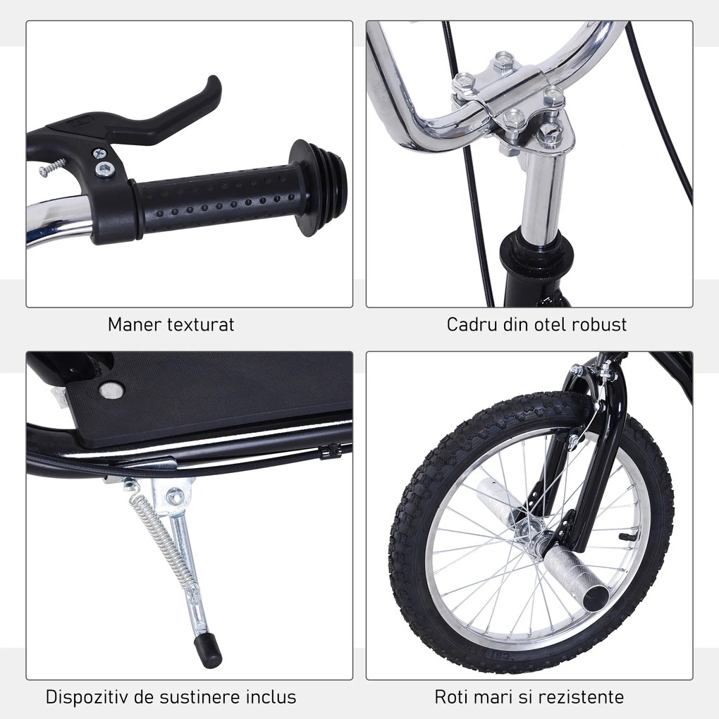 HOMCOM Trotinetă pentru Copii 5+, Roți Mari de 16", Înălțime Reglabilă, Frâne și Suport, Negru | Aosom Romania