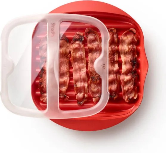 Vas de gatit bacon la cuptorul cu microunde Lekue 1009034, Pana la 6 slice, 25x28x6 cm, -2/+150 °C,Rosu