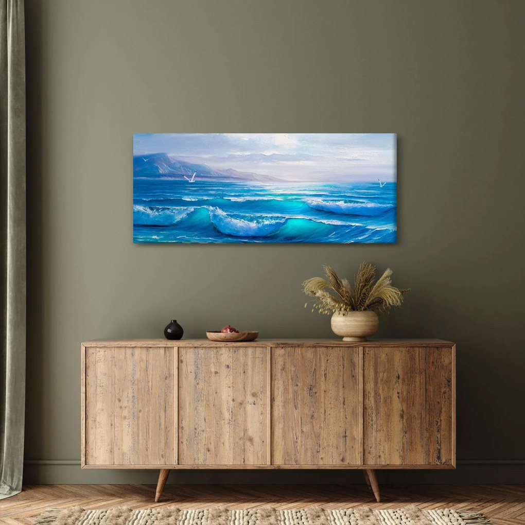 Tablou - Pictură în ulei de mare cu pescăruși (120x50 cm)