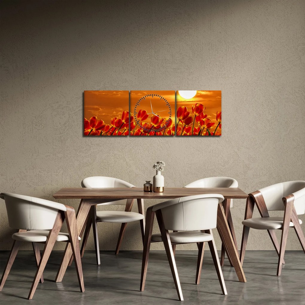 Tablou - lan înflorit de lalele (cu ceas) (90x30 cm)