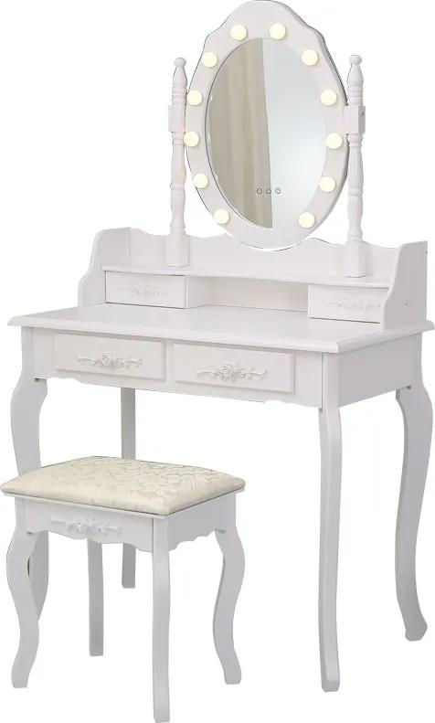 Set Julieta, masă de toaletă cu oglindă iluminată LED, control touch,  4 sertare, scaun, Alb