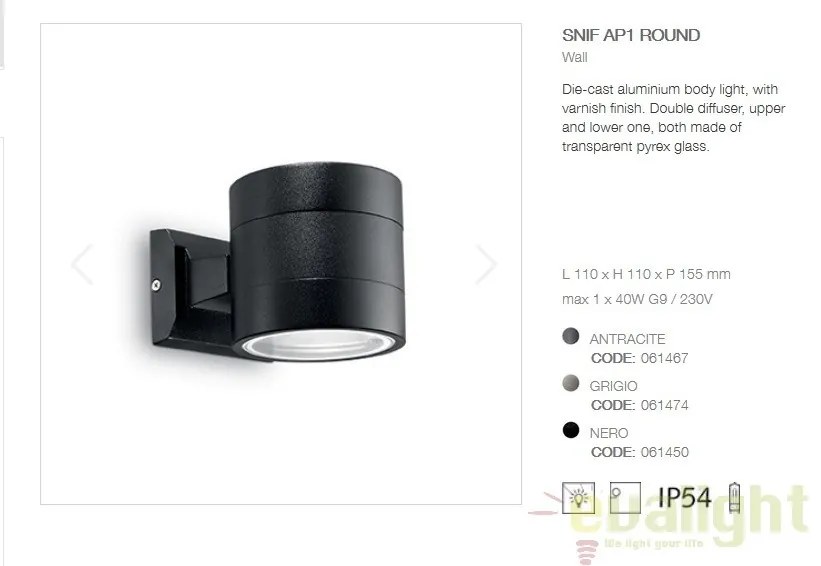 Aplica de perete exterior SNIF AP1 ROUND NERO 061450