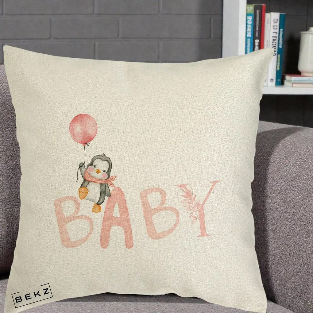 Perna Personalizata Baby Pinguin Roz, 40x40 cm, Ecru, Husa Detasabila, Perna Inclusa, BEKZ®