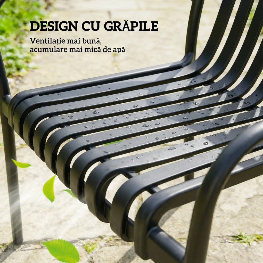 Set 4 Scaune de Grădină Outsunny Stivuibile din PP Rezistent la Razele UV, Scaune de Luat Masa pentru Exterior cu Spătar Ergonomic cu Lamele și Brațe, pentru Terasă, Balcon, Grădină, 55x58,5x81,5 cm, Negru | Aosom Romania