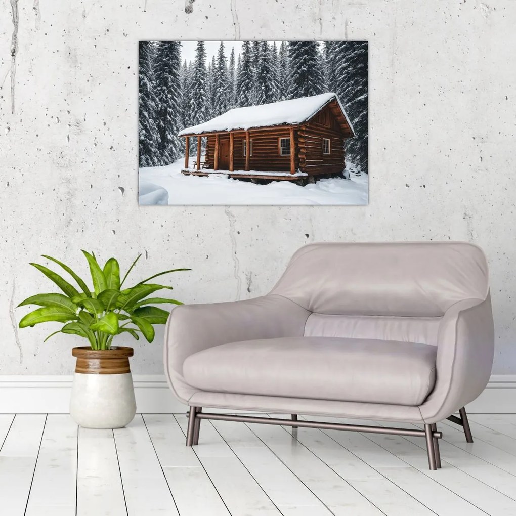 Tablou pe sticlă - Cabană acoperită de zăpadă (70x50 cm)