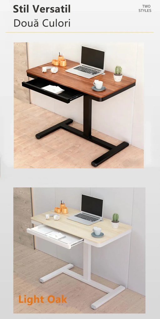 Birou Reglabil Multifuncțional cu Manivelă, Cadru Metalic, Sertar Glisant Ascuns, Design Compact – Ideal pentru Pat, Canapea și Lucru Flexibil, Stejar deschis/Alb