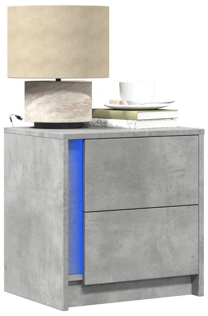 vidaXL Noptiere cu lumini LED, 2 buc., gri beton, lemn prelucrat