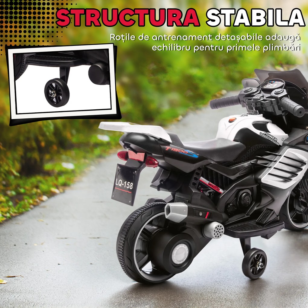AIYAPLAY Motocicletă electrică pentru copii 18-36 luni, 6V, cu roți detașabile, faruri și muzică, albă | Aosom Romania