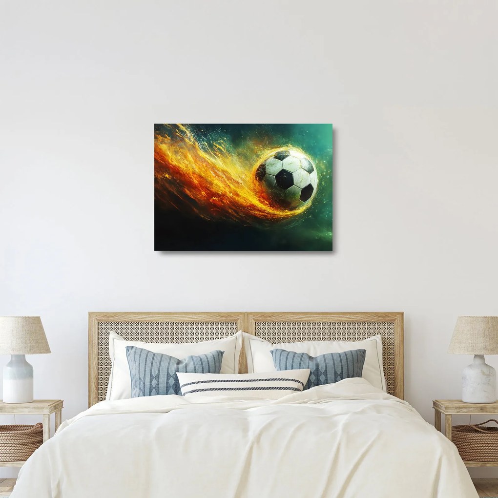 Tablou pe sticlă - Minge de Fotbal în Zbor (70x50 cm)