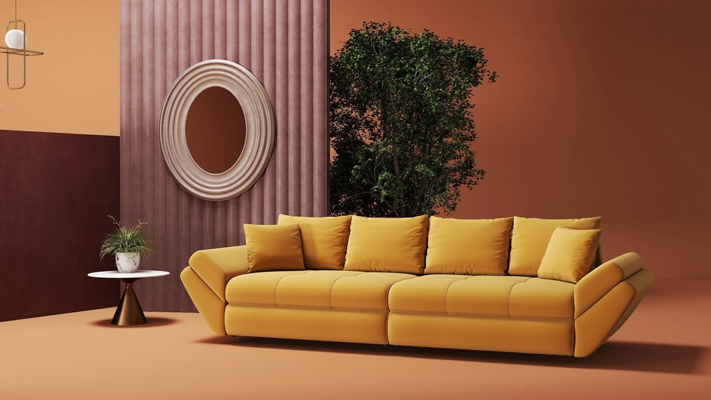 Canapea extensibilă dumonde cu ladă de depozitare si sezut confortabil din spuma high-density, Loana Royal Mustar 300x100 cm