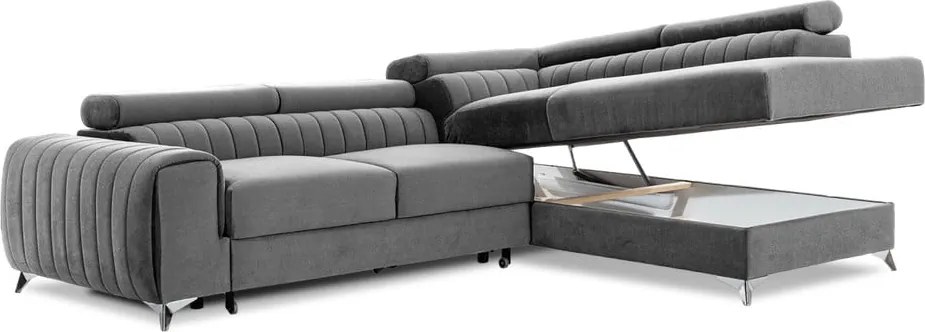 Colțar gri extensibil/cu spațiu de depozitare cu tapițerie din catifea (cu colț pe partea dreaptă/în formă de ”L”) Laurence – ELTAP