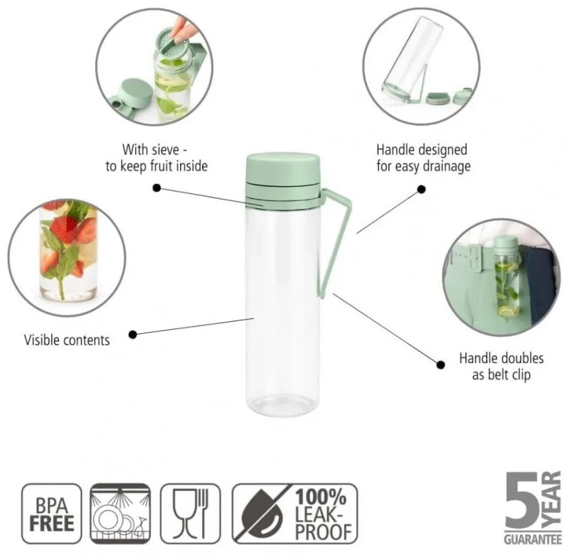 Sticla Brabantia Make&Take 1006279, 500 ml, Cu filtru, Protectie impotriva scurgerilor, Deschidere larga, Transparent/Verde