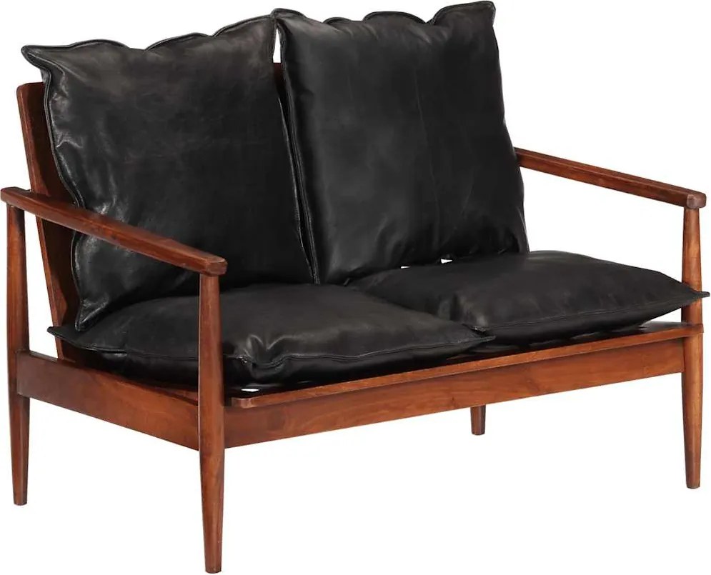 vidaXL Canapea cu 2 locuri, negru, piele naturală & lemn masiv acacia