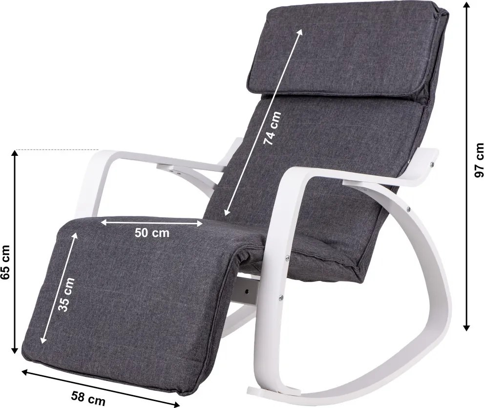 Scaun oscilant cu suport reglabil pentru picioare, cadru din lemn alb - gri