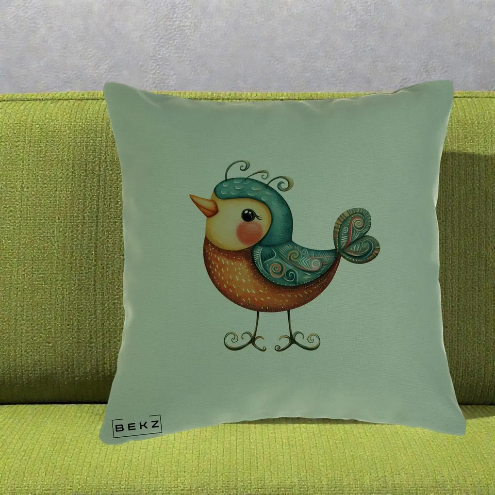 Perna Decorativa Pasare Ornamentala Folk Art, 40x40 cm, Verde, Husa Detasabila, Perna Inclusa, BEKZ®