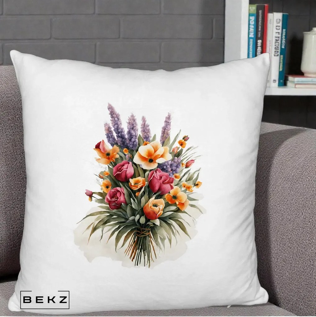 Perna Decorativa Buchet Mixt Acuarela Lavanda-Trandafiri, 40x40 cm, Alb Pufos, Husa Detasabila, Perna Inclusa, BEKZ®
