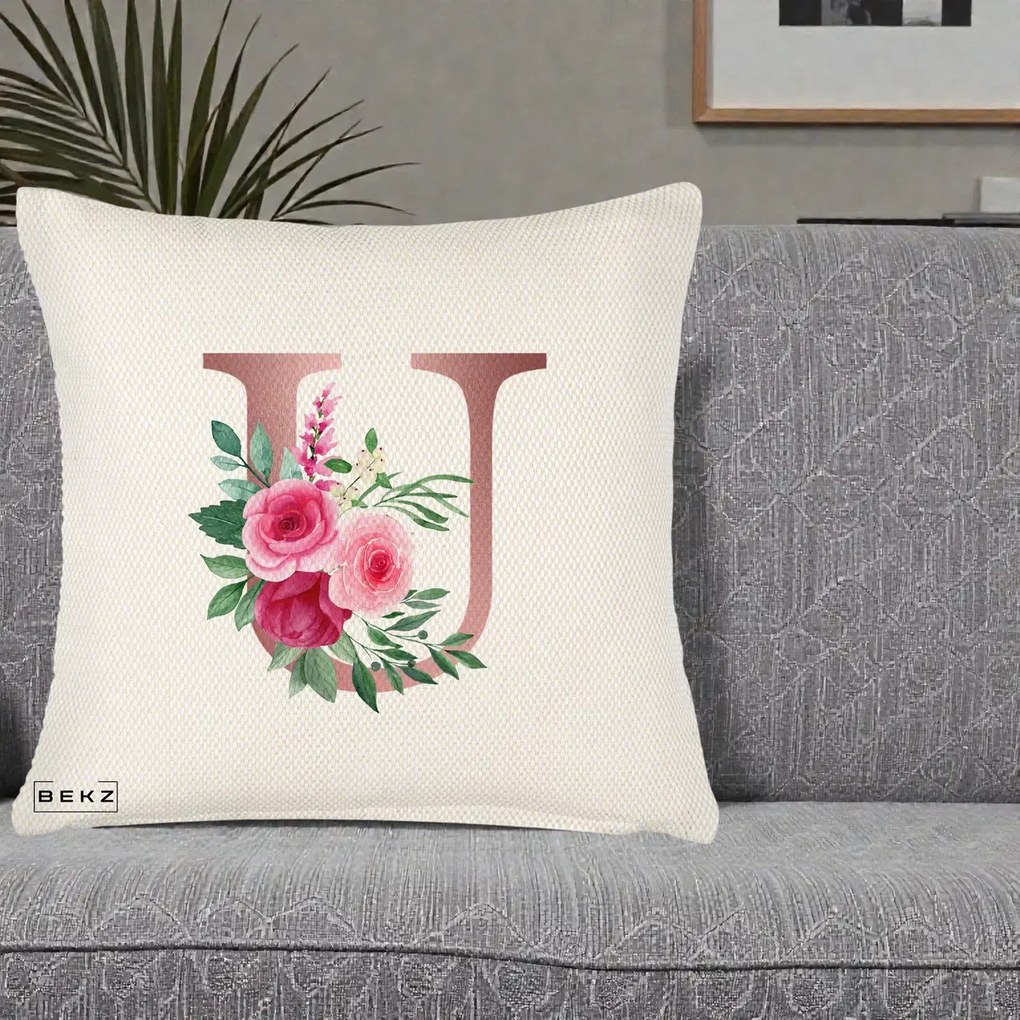 Cadou Personalizat - Perna Personalizata Monograma Rose Gold Litera U, 40x40 cm, Crem Reliefat, Husa Detasabila, Perna Inclusa, BEKZ®