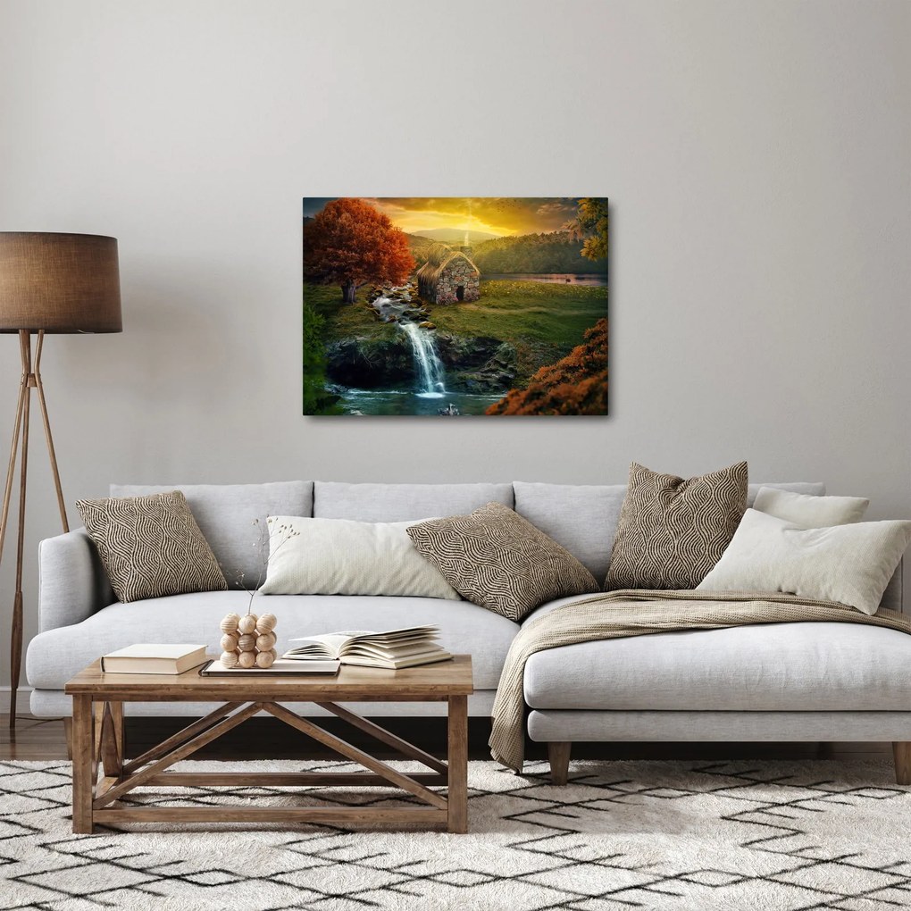 Tablou cu căbănuță în peisaj de poveste (70x50 cm)