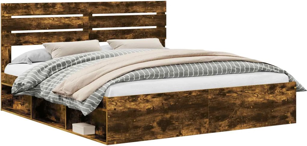 vidaXL Cadru de pat Stejar fumuriu 200 x 200 cm Lemn de pin masiv