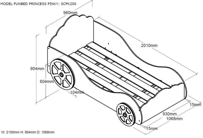 Pat Mașină Princess Pinky pentru Copii, 90x200 cm, Roz (MDF) – Auto – Vipack