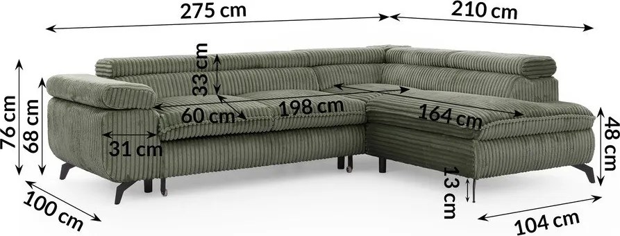 Colțar verde cu tapițerie din catifea reiată (cu colț pe partea dreaptă/în formă de ”L”) Marbeya – Ropez