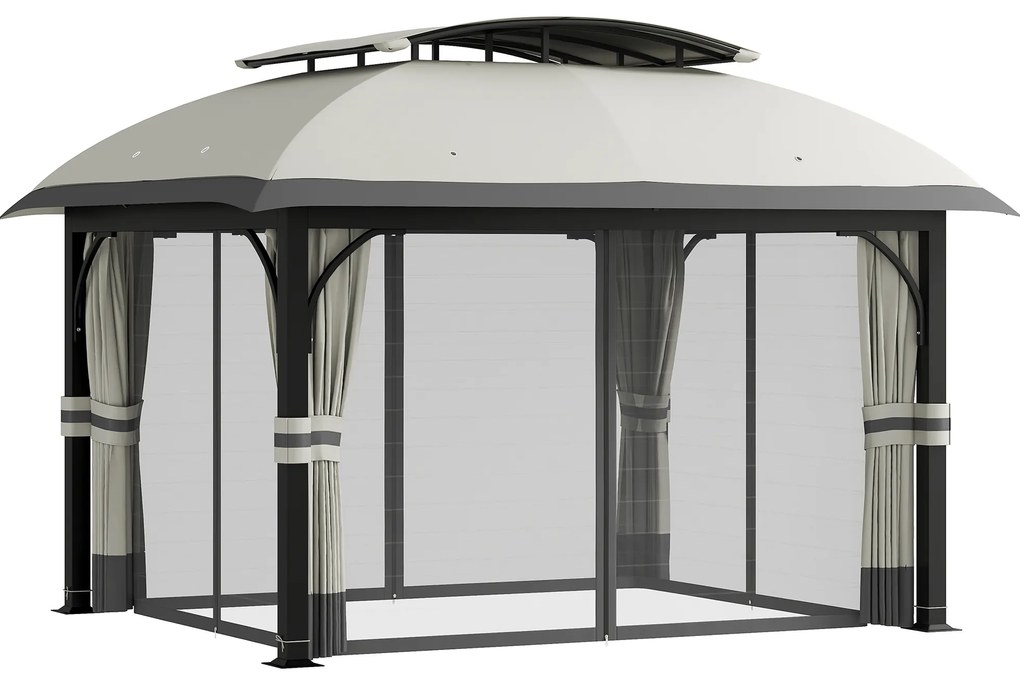 Outsunny Pavilion de Grădină cu Perdele, Plasă, Acoperiș Ventilat și Cadru Metalic Galvanizat, 395x330x294 cm, Gri | Aosom Romania