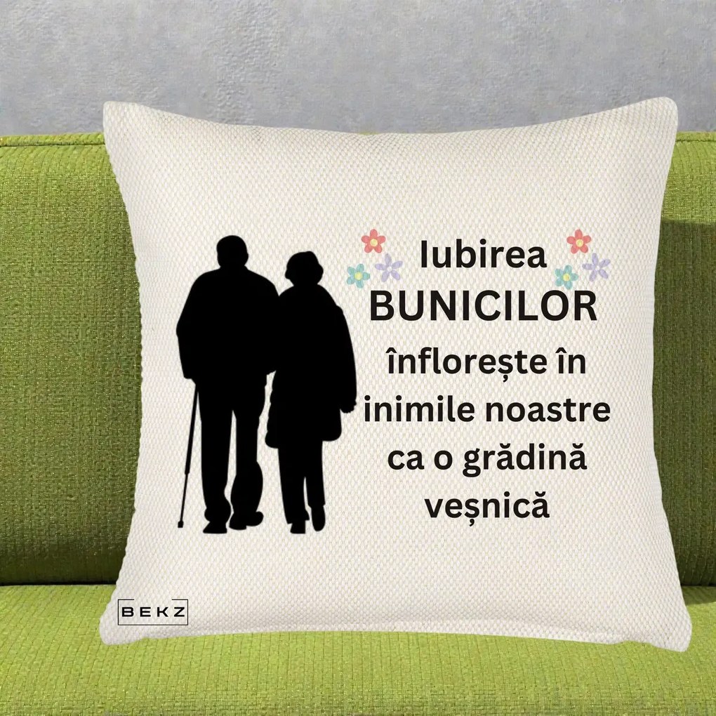 Cadou pentru Bunici - Perna Personalizata Bunicii Iubirea Infloreste Silueta Neagra Flori, 40x40 cm, Crem Reliefat, Husa Detasabila, Perna Inclusa, BEKZ®