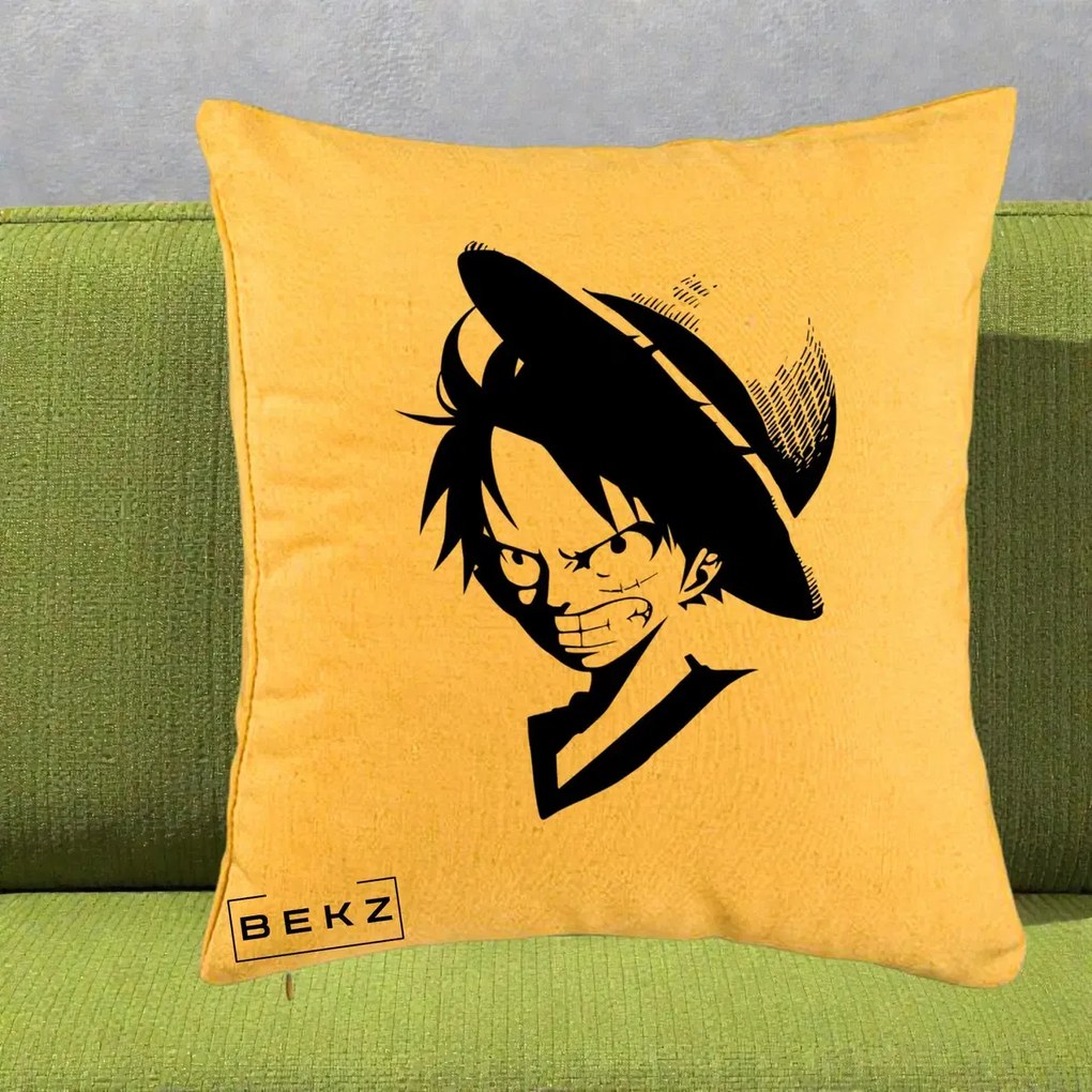 Perna Personalizata One Piece Luffy Silueta Alb-Negru, 40x40 cm, Galben, Husa Detasabila, Perna Inclusa, BEKZ®