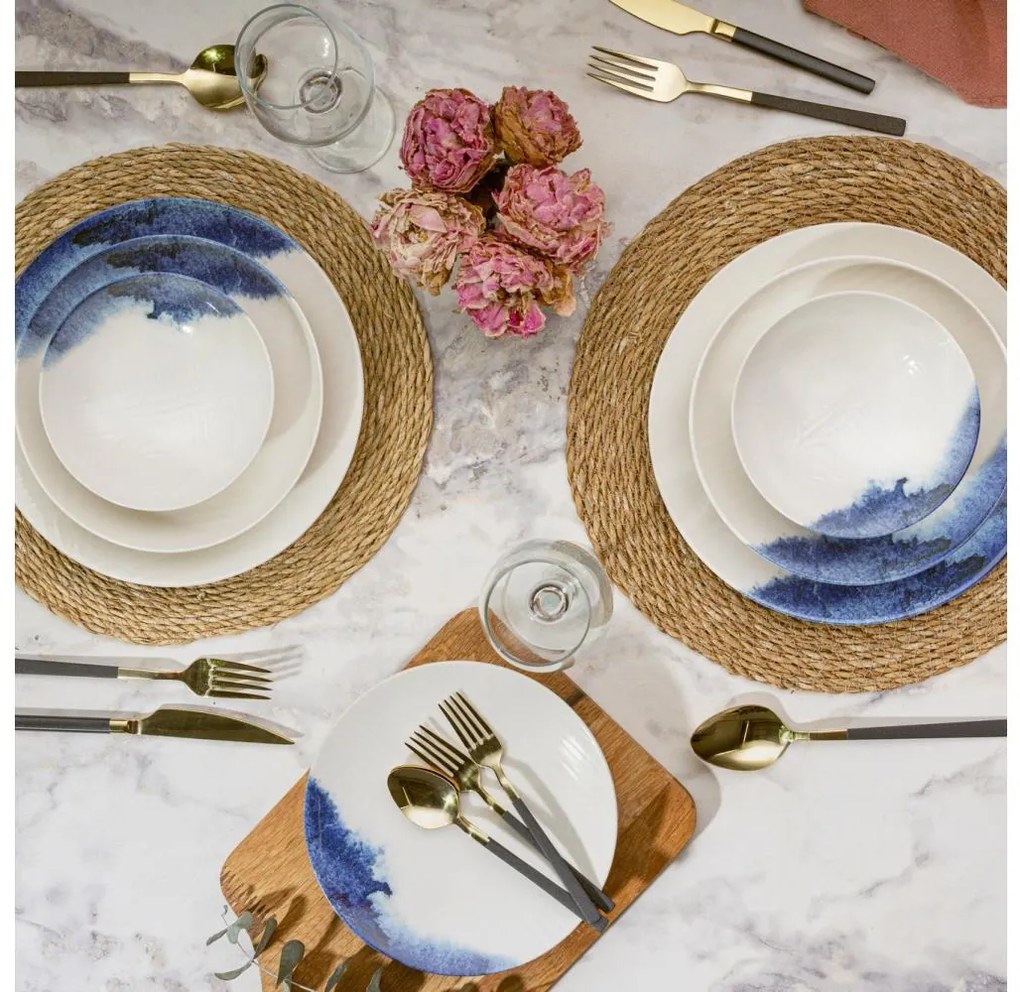 Set veselă 24 piese, porțelan, crem/albastru