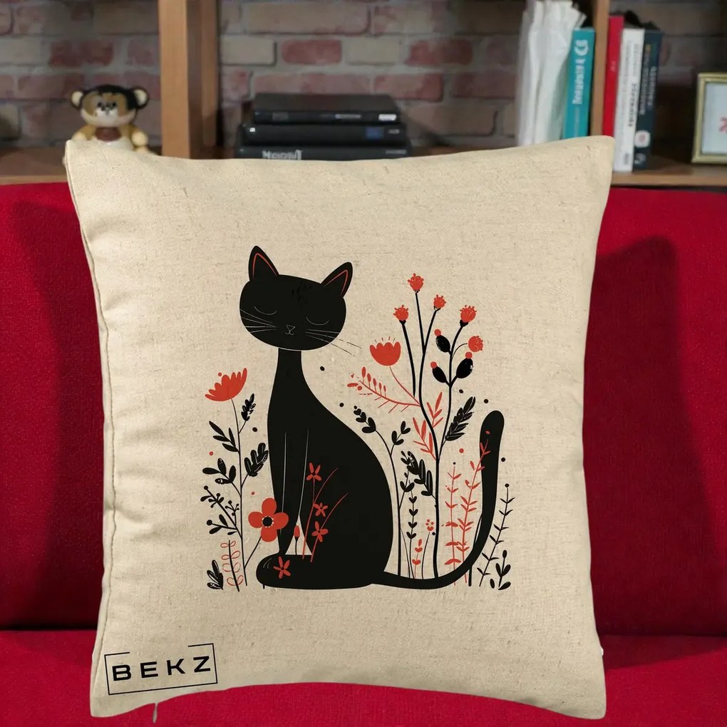 Perna Decorativa Pisica Neagra Flori Rosii Folk Minimal, 40x40 cm, Bej, Husa Detasabila, Perna Inclusa, BEKZ®