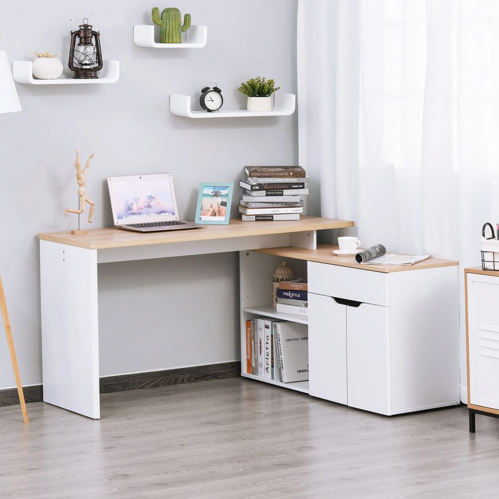 HOMCOM Birou cu Blat Extensibil pentru PC și Bibliotecă, 140x117x76 cm, Alb | Aosom Romania