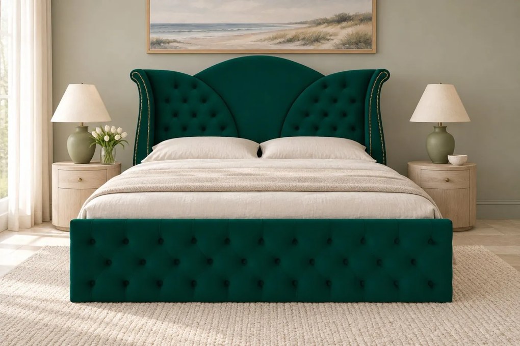 Pat tapițat Chesterfield din catifea Velora 180×200 cm, verde, cu ladă de depozitare