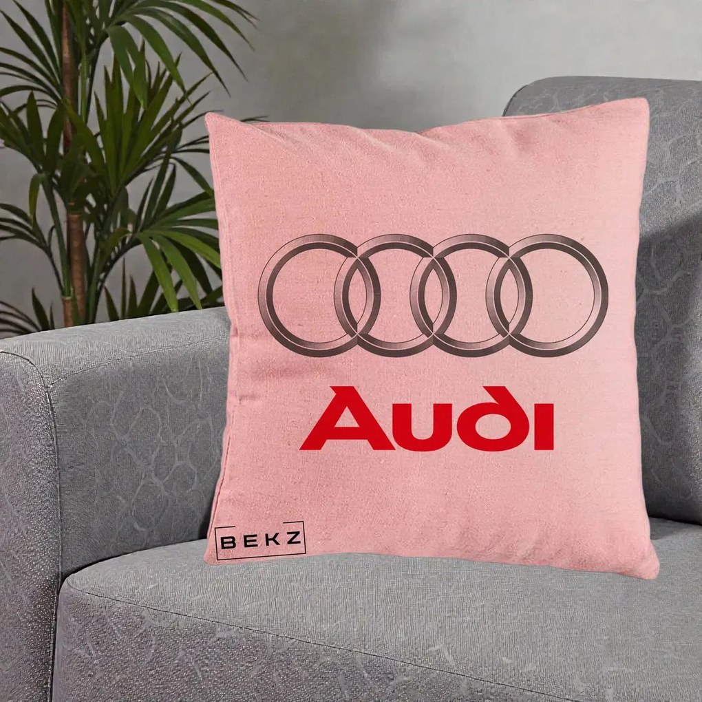 Perna Personalizata cu emblema Audi, 40x40 cm, Roz, Husa Detasabila, Perna Inclusa, BEKZ®