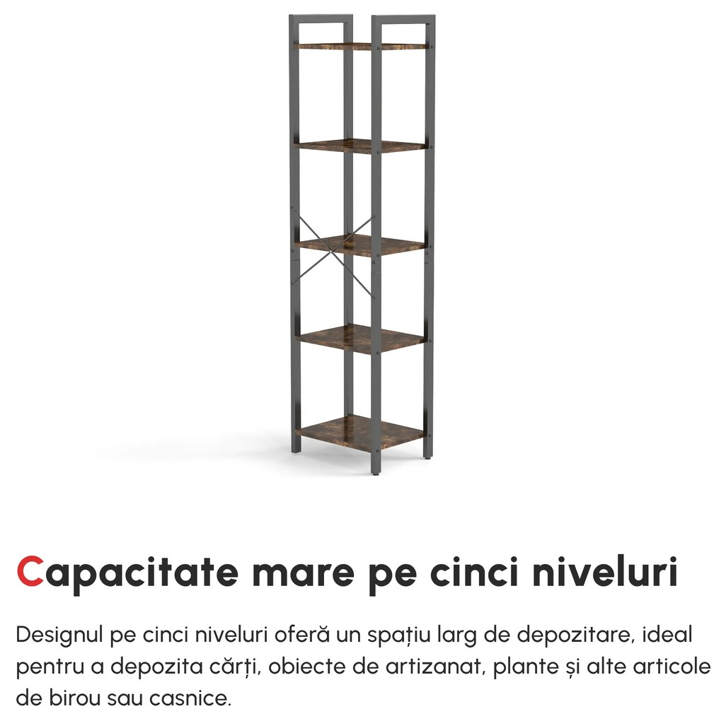 Bibliotecă Stil Industrial HOMCOM cu 5 Rafturi, Mobilier din Lemn și Oțel, Ideal pentru Casă, Birou și Studio, Design Rustic, Maro | Aosom Romania