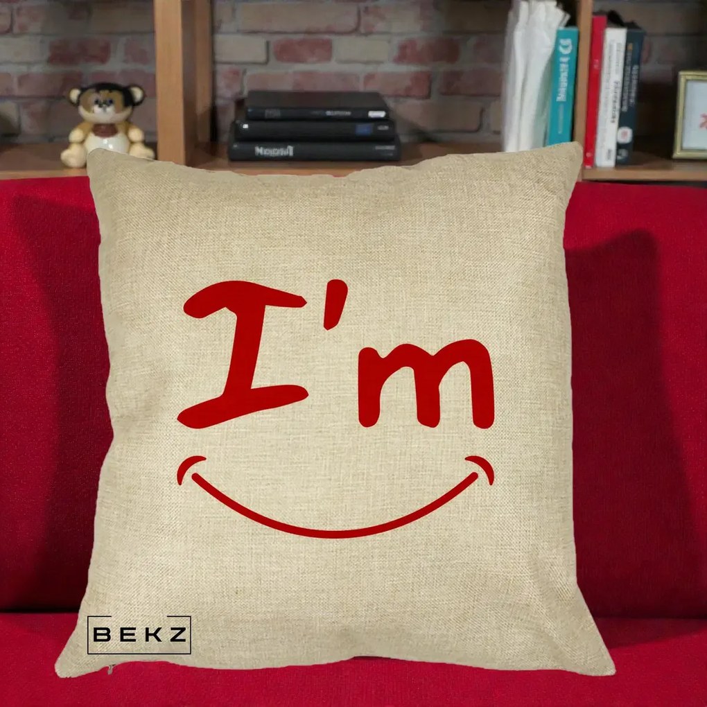 Perna Decorativa I'm Happy Smile, 40x40 cm, Crem, Husa Detasabila, Perna Inclusa, BEKZ®
