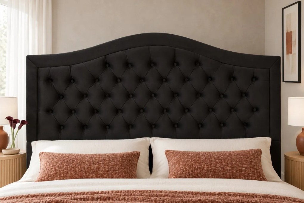 Pat tapițat Chesterfield din catifea Solaria Deluxe 200×200 cm, negru, cu ladă de depozitare