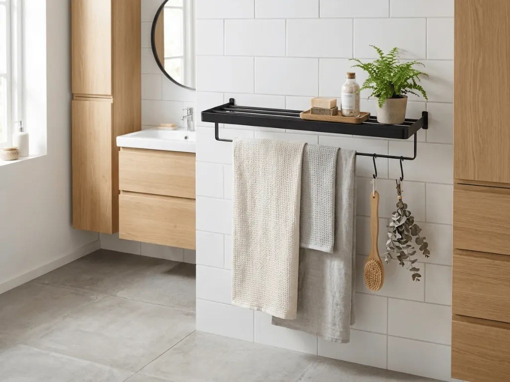 Cuier de perete pentru prosoape HANDY 60x22 cm, negru