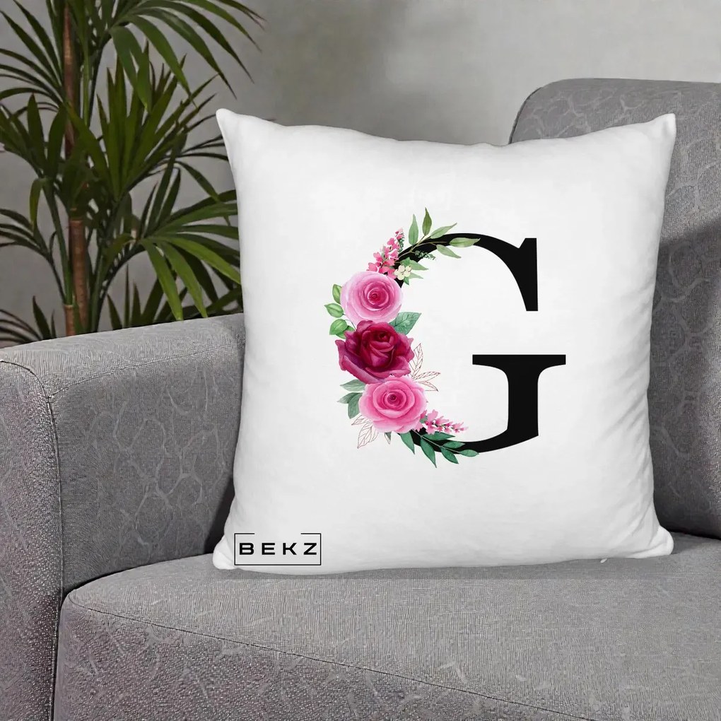 Cadou Personalizat - Perna Personalizata Monograma Florala Litera G, 40x40 cm, Alb Pufos, Husa Detasabila, Perna Inclusa, BEKZ®