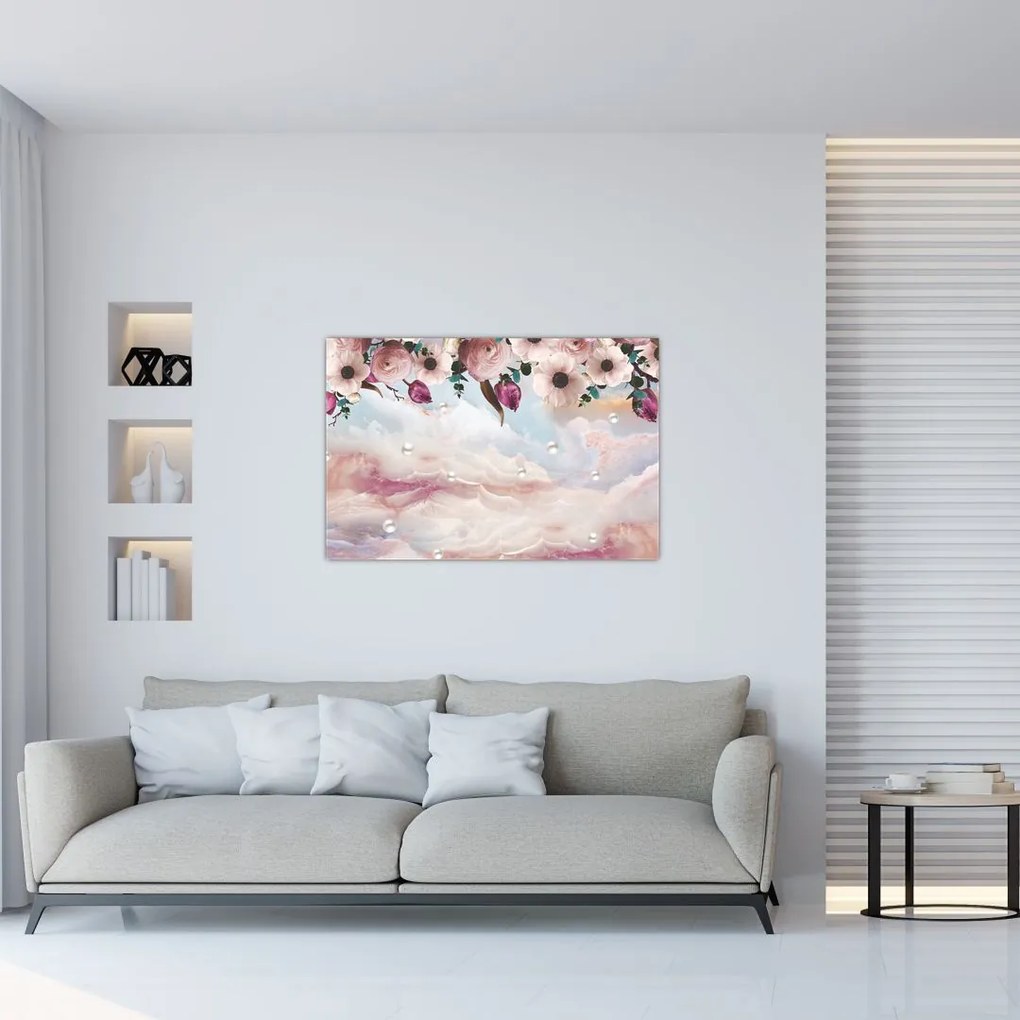 Tablou - Flori roz și marmură roz (90x60 cm)