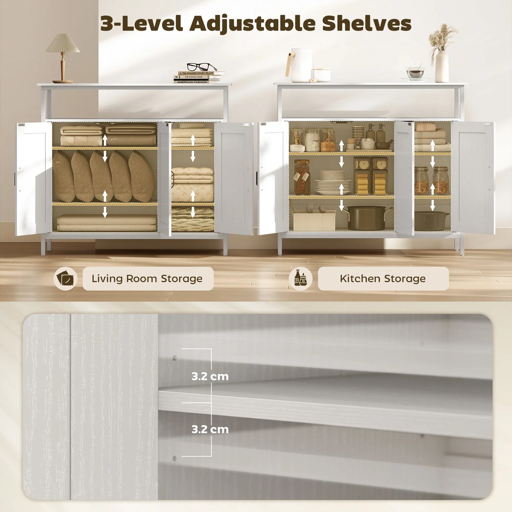 HOMCOM Bufet de Bucătărie cu Raft Deschis și 2 Dulapuri, Mobilier de Bucătărie cu Rafturi Ajustabile din Lemn, Bufet pentru Hol, Sufragerie și Sala de Mese, 100x35x88 cm, Alb | Aosom Romania