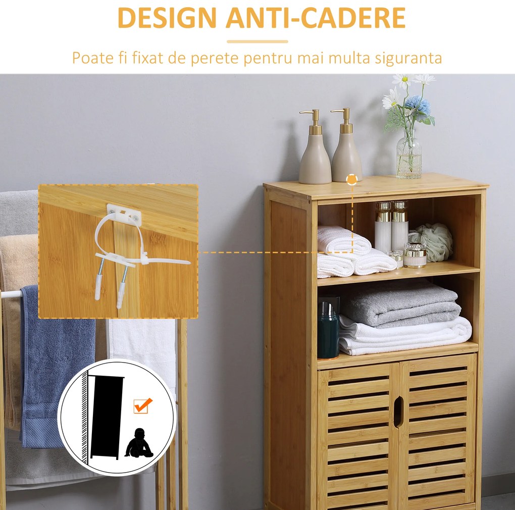 kleankin Mobile Bagno in Bambù, Mobiletto Bagno Salvaspazio con 2 Ante a Persiana e Ripiani Aperti, Armadietto da Terra per Sala da Pranzo, Salotto, Soggiorno, Cucina, 50x29x92 cm, Color Legno | Aosom Romania