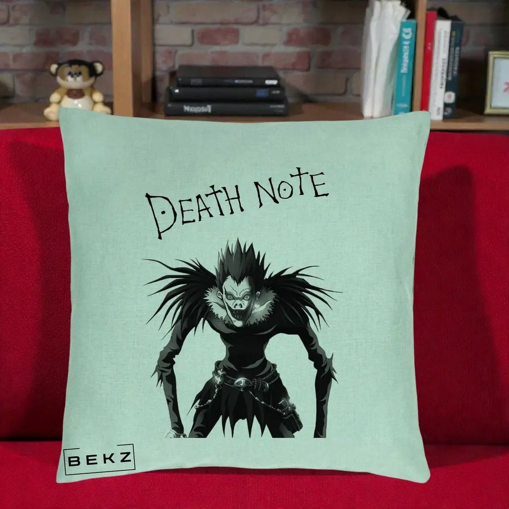 Perna Personalizata Death Note Ryuk Shinigami Alb-Negru, 40x40 cm, Verde Menta, Husa Detasabila, Perna Inclusa, BEKZ®