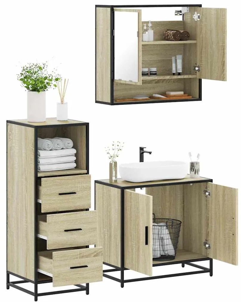 vidaXL Set mobilier de baie, 3 piese, stejar sonoma, lemn prelucrat