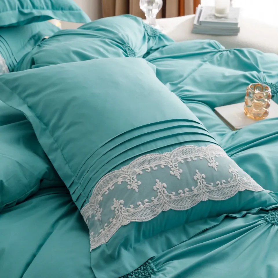 Lenjerie de pat uni cu pliuri si broderie, bumbac tip finet, 6 piese, pat 2 persoane, turquoise, FNJS-56