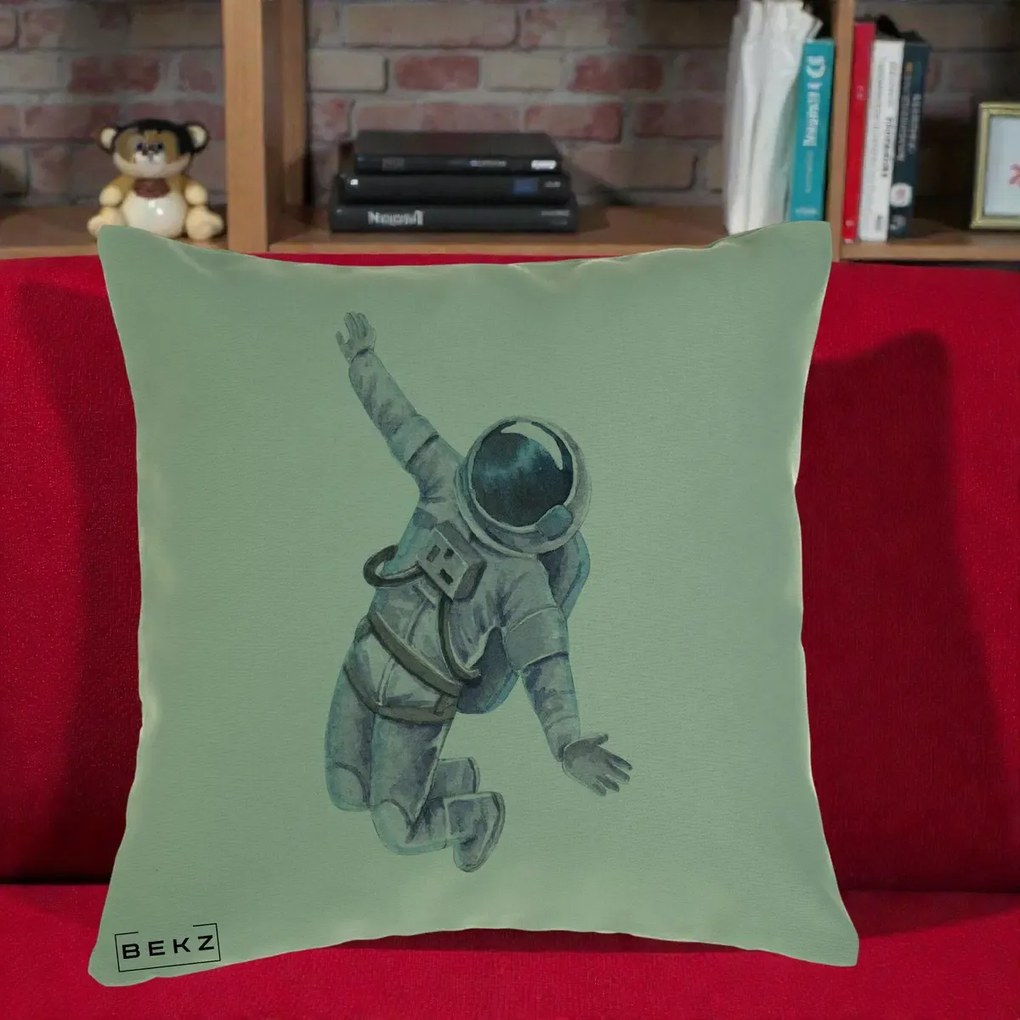 Perna Decorativa Astronaut Acuarela Zbor, 40x40 cm, Verde, Husa Detasabila, Perna Inclusa, BEKZ®