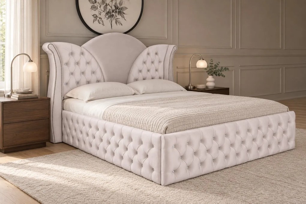 Pat tapițat Chesterfield din catifea Velora Deluxe 180×200 cm, crem, cu ladă de depozitare