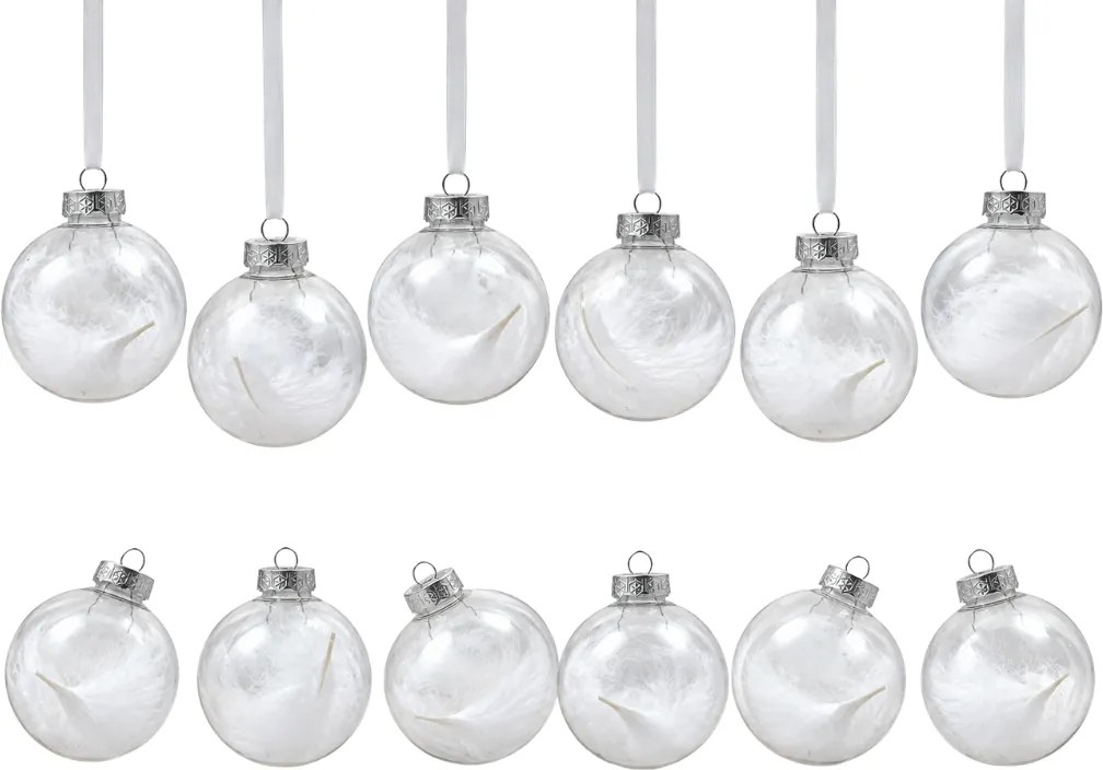 Set 12 bucati ornamente de Craciun WHITE FEATHER 9 cm, alb